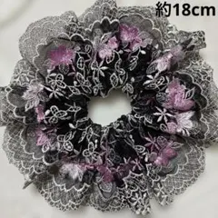 ハンドメイド ♡シュシュ ダブル フリル ブルーグレーに青ラメ入花びら 