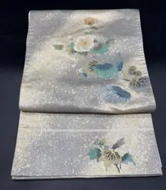 ハナミズキ【塩瀬帯】うぐいす色に爽やかな白の花柄、金箔入☆塩瀬 名古屋帯 ハナミズキ様専用【塩瀬帯】うぐいす色に爽やかな白の花柄、金箔入