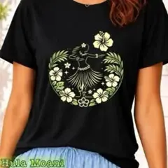 ボタニカルフラTシャツ・黒・L♡ハワイアン フラダンス♡ライムグリーン 黄緑 黒のサムネイル