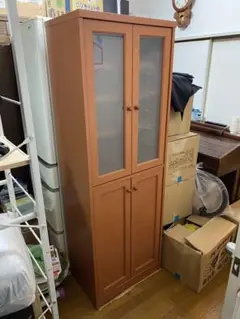 【直接引取】キャビネット 茶色 ガラス扉