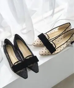 【新品未使用品】LE TALON チュールドットリボンオペラフラット ベージュ