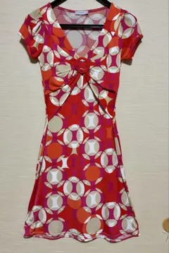 【美品】EGERIE 幾何学模様 半袖ワンピース 赤オレンジ（フランス製）