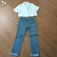 【夏2点セット】しまむら2PINKリネンブレンド半袖シャツ L&デニムパンツ M