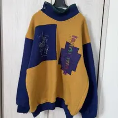 ゆるダボ ニットトレーナー 欧風 刺繍 イエロー 青 L