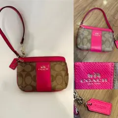 COACH コーチ　シグネチャー Wコーナーリストレットバッグ　レザー　ピンク