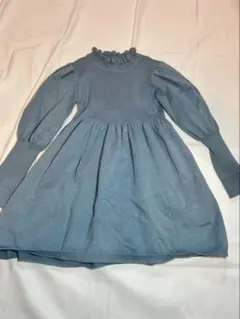 フリルネック ニットワンピース ブルー 100