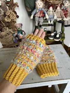 か*こ様 ［手編み］ハンドウォーマー　アームウォーマー　指なし手袋　黄　ハンドメ