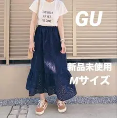 【新品】GUコットンレースティアードロングスカート Mサイズ ネイビー