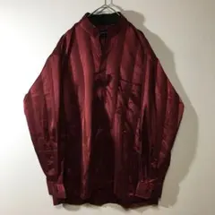【個性派古着】日本製　長袖総柄デザインシャツ　バンドカラー　ワインレッド　Ｌ