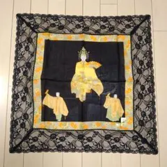 おひざかけ　 ハンカチ 黒地 花柄　和柄　レース　綿　鼓薪能