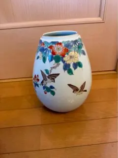 昭和レトロ 九谷焼 九谷陶寿 鷹　花柄 花瓶 花器 壺 フラワーベース 置物 昭和レトロ 九谷焼 九谷陶寿 鷹 花柄 花瓶 花器 壺 フラワーベース
