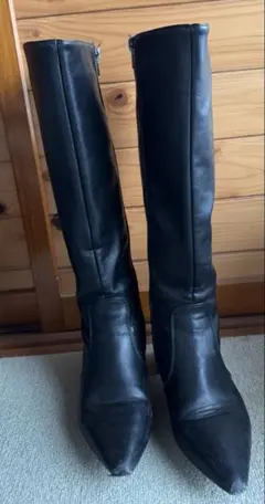ブラックレザー ロングブーツ 中ヒール