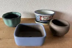 郵⑤ 盆栽鉢　豆盆栽鉢　山野草鉢　植木鉢　4鉢セット陶器製　落款印あり『英明』