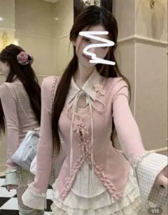 SHEIN ピンク トップスフリル リボン付き 長袖トップスフェアリーコア