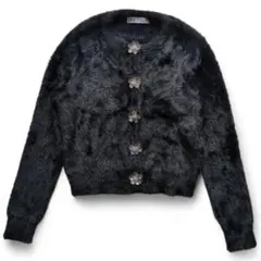 ZARA ファー カーディガン フェイクファー シャギー 花 ビジュー 黒
