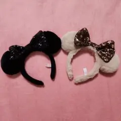 ディズニー カチューシャ ミニー セット ふわふわ スパンコール 黒 ベージュ