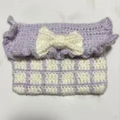 匿名配送 リボンポーチ チェック柄 フリル ペンケース 筆箱 ハンドメイド編み物