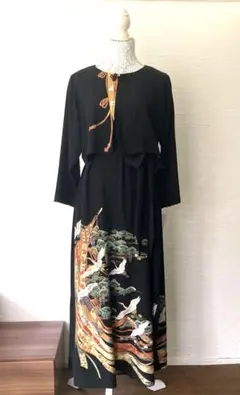 黒留袖 リメイク鶴柄ロングドレス ウエストリボン付き 送料無料 着物 リメイク ゆったりなのにほっそりスタイル良く