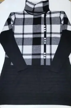 チェック柄　ニット　ハイネック　チュニック丈