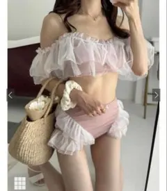 チュールフリルハイウエストビキニ水着 ピンク GRLのサムネイル