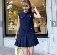 sheller ボックスプリーツツイードドレス　ネイビー