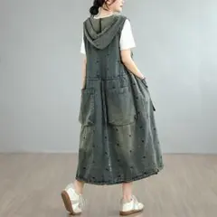 ハート多め　新品 大きいサイズ 春夏 サロペット デニム風 フード ワンピース