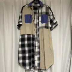 チェック柄 半袖ロングシャツワンピースのサムネイル