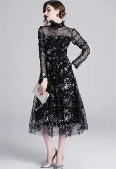 ワンピース 長袖 チュール 透け感 結婚式 パーティードレス Lサイズ