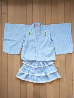 【セール】水色　ストライプ 　浴衣ドレス　110cm かわいい　フリル　花