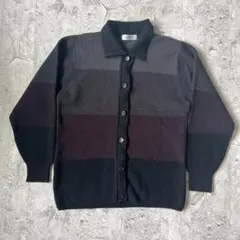 希少 80s ウール100% ポロカーディガン レトロブロックボーダー ニット