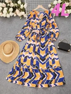 ★14 大きいサイズ♥派手柄 レトロ柄 幾何学模様 ワンピース ワンピ 3XL