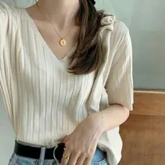 Vネック リブニット トップス 半袖 レディース オフィス トレンド Tシャツ