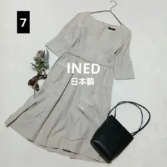 1951ꕤイネド 5分袖Vネックフレアワンピース【7】ベージュ フォーマル 上品