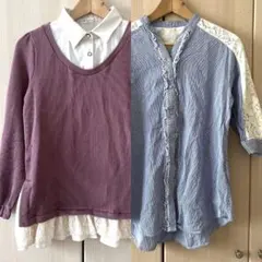 axes femme 長袖 トップス2枚セット　ニット　シャツ　ブルー　レースのサムネイル