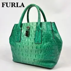 FURLA フルラ ハンドバッグ トートバッグ クロコ型押し 南京錠 グリーン