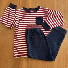 綿100 キッズ　ベビー　パジャマ　110 赤と白のストライプ長袖パジャマ