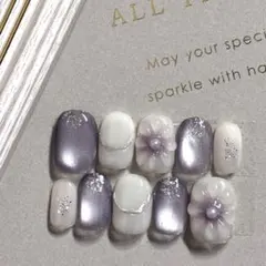 ネイルチップ ノーマル ぷっくりフラワー パープル マグネット ニュアンス