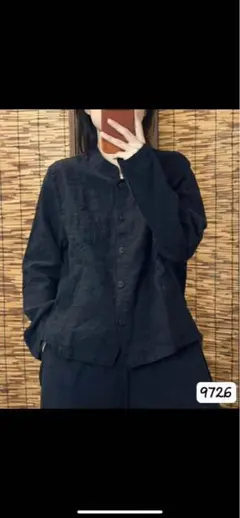 【美品】レオナールファッション リネン 麻 半袖シャツ ノーカラー 黒 美品】レオナールファッション リネン 麻 半袖シャツ ノーカラー 黒