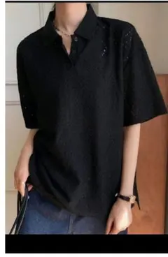 レース模様 ブラックポロシャツ 半袖
