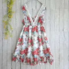 花柄 ワンピース レース フリル ノースリーブ フレア ガーリー 夏