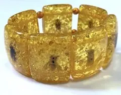 稀少　昆虫が封入された珍しいアンバー(透明な天然琥珀)ビーズ使用のブレスレット