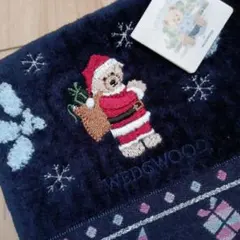 終値【新品】ウエッジウッド　サンタベア刺繍タオルハンカチ　クリスマス　日本製　紺