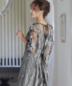 Mサイズ　niana 刺繡レース バックリボン パーティードレス　ブラック