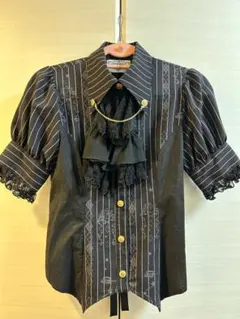 ゴスロリ　ゴスパン　ブラックストライプフリルシャツ　半袖　リボン