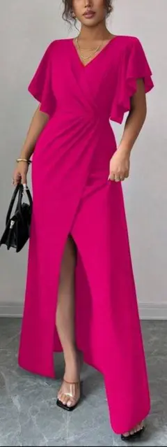 ショッキングピンク Vネックフレアスリーブマキシドレスキャバ冠婚葬祭結婚式