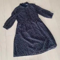 【美品】UNIQLO ユニクロ 小花柄 ワンピース 膝丈 ネイビー Mサイズ