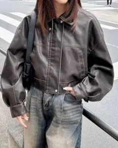 ダークブラウン クロップドレザージャケット