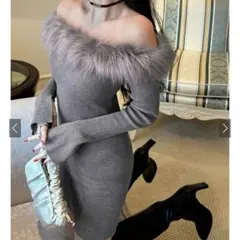 オフショルダー ニットワンピース グレー