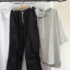 グレーコーデュロイ風フード付き半袖パーカー&黒カーゴパンツのコーデセット　3XL