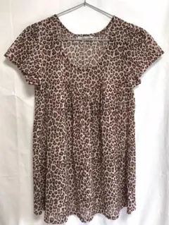 豹柄 フレア トップス ピンク シースルー 三分袖 レオパード ラウンドネック